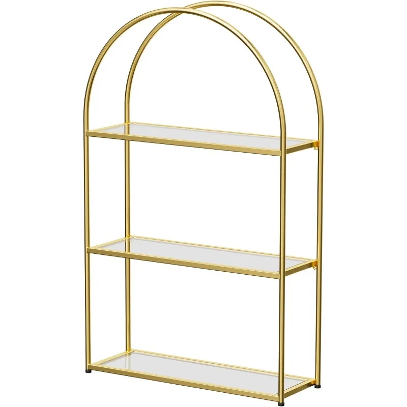 Gold Arched Frame Wall Shelf, Decorative 3 Tier Bathroom Wall Shelf with Transparent Tempered Glass Shelves