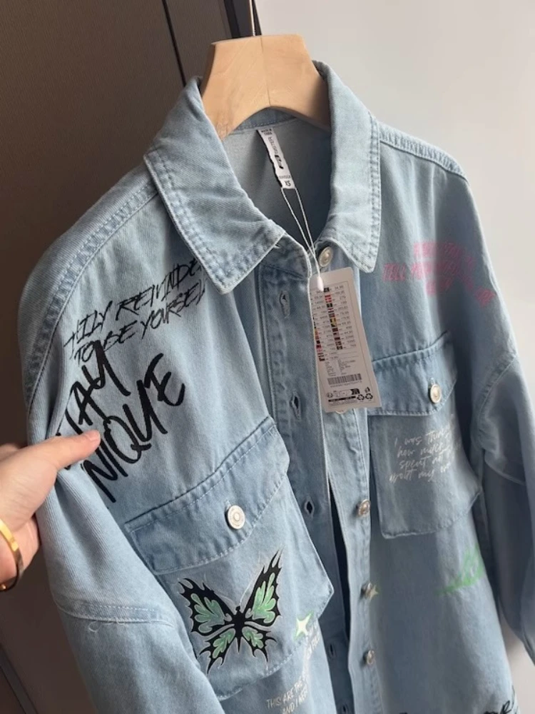 

Street Graffiti Butterfly Neon Printed Denim Jacket Men Women Couple Casual Long Sleeve Coat Spring Autumn Outerwear Chic