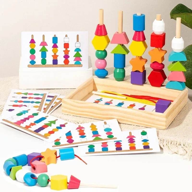 Montessori Wooden Toys Color Shape Matching Puzzle Game Colorful Beaded Color Cognition Early Educational Toys Gift for Children