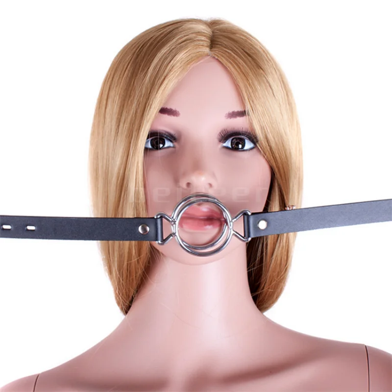 PU Leather Belt BDSM Bondage Deep Throat Double Round Ring Flail Slave Mouth Gag Bite Ring Gags Open Oral Adult Game Sex Toys