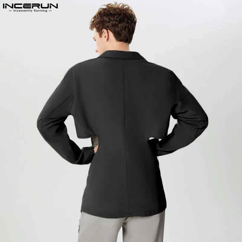 INCERUN Men Blazer Solid Color Hollow Out Lapel Long Sleeve Button Casual Irregular Suits Men Streetwear 2024 Fashion Male Coats