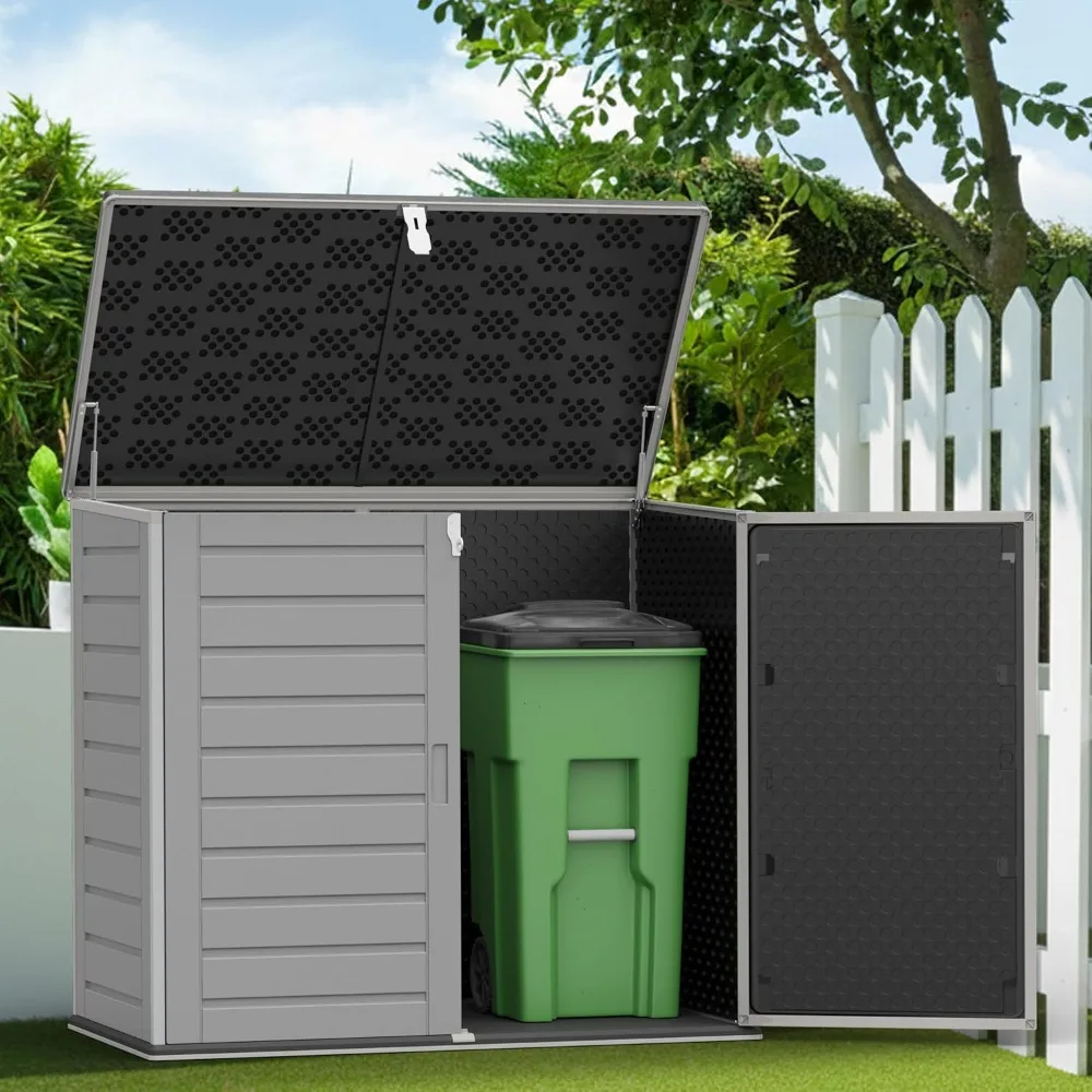 

Outdoor garbage bin storage shed, 304 gallon resin shed with lockable door and lifting cover, waterproof outdoor storage shed