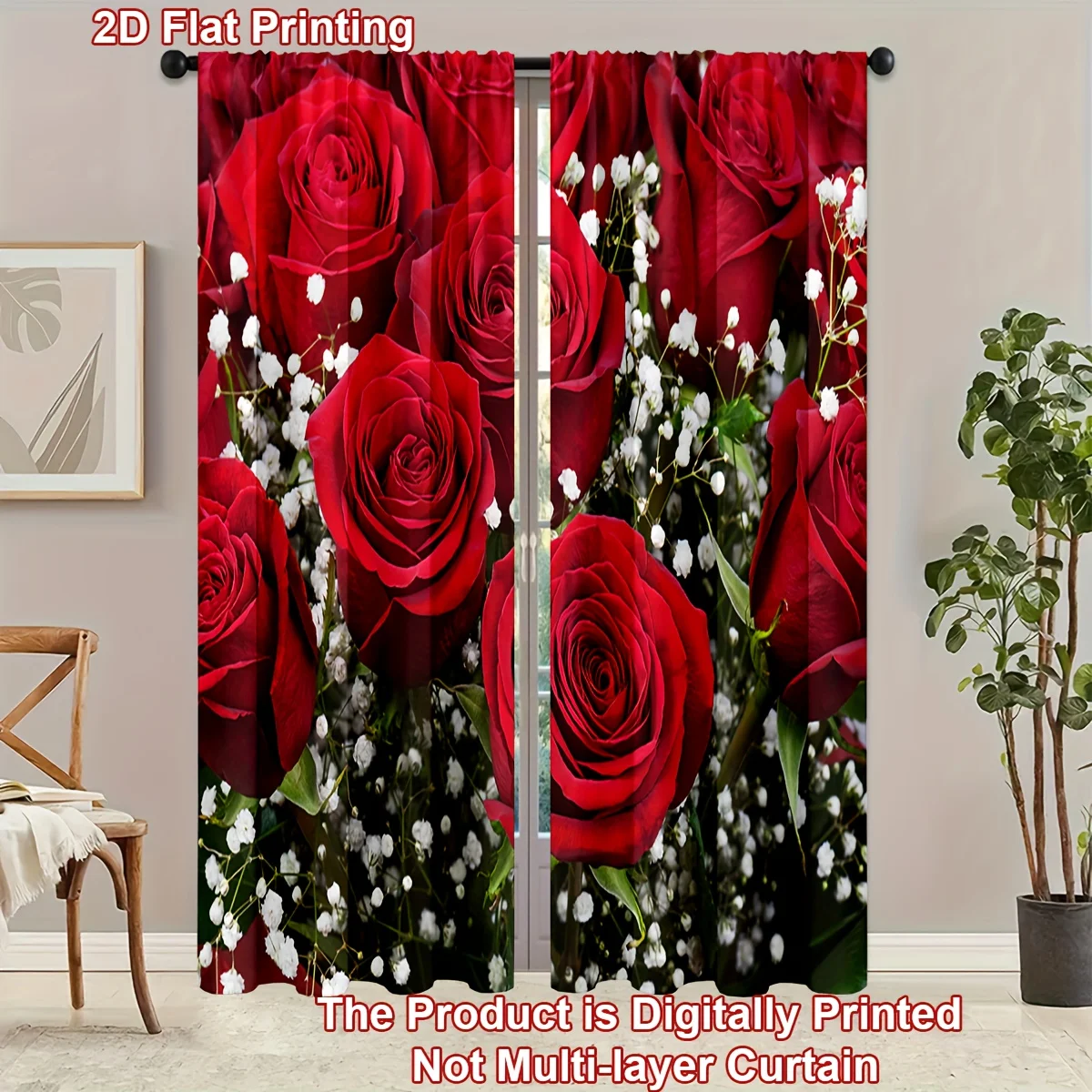 VIKAMA 2 Stück romantische Rosenblüten-Vorhänge, Valentinstag-Heimdekoration-Vorhänge, geeignet für Wohnzimmer und Schlafzimmer