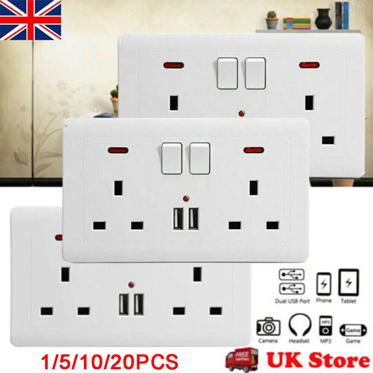 Double Switched 13 A Fast Charging Power Socket with Two USB Charging Ports, 3.1 A, 5 V, 15.5 W, Round Edge, White