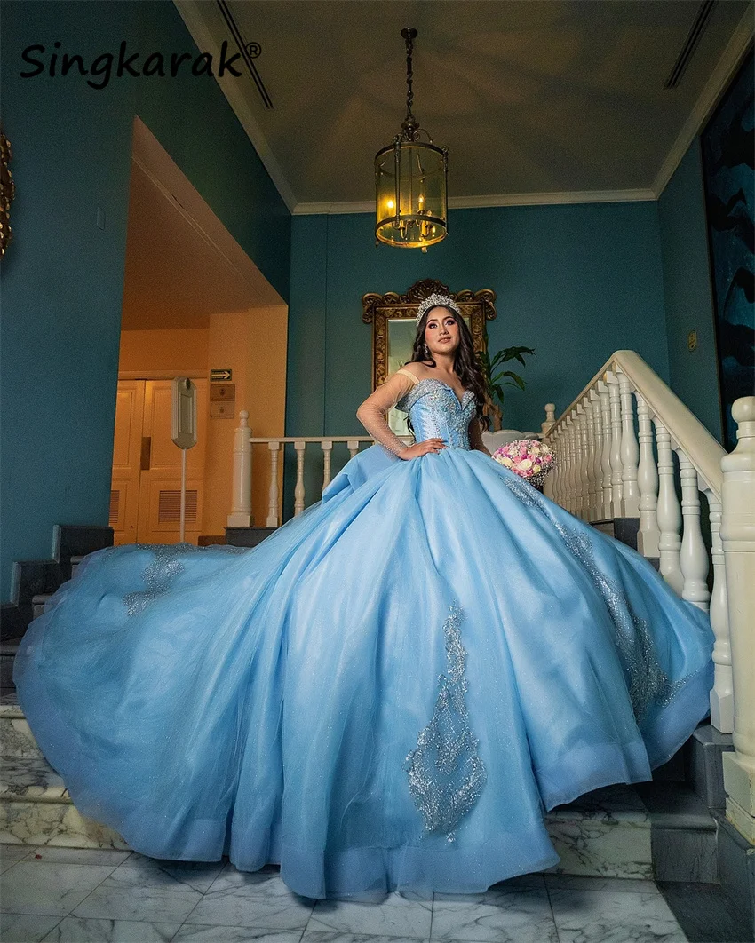 

Brilliant Blue Quinceanera Dress Bead Pearls Sequins Appliques Ball Gown Sweet 16 Birthday Dress Bow Long Sleeves Customized