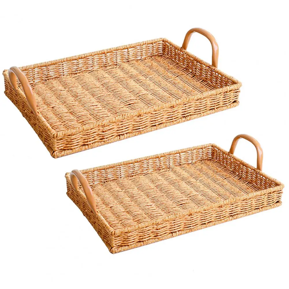 Rattan Braided Serving Tray with Handles Hollow Out Drainage Stable Smooth Edge No Deformation Home Fruit Snack Tea Cups Bread S