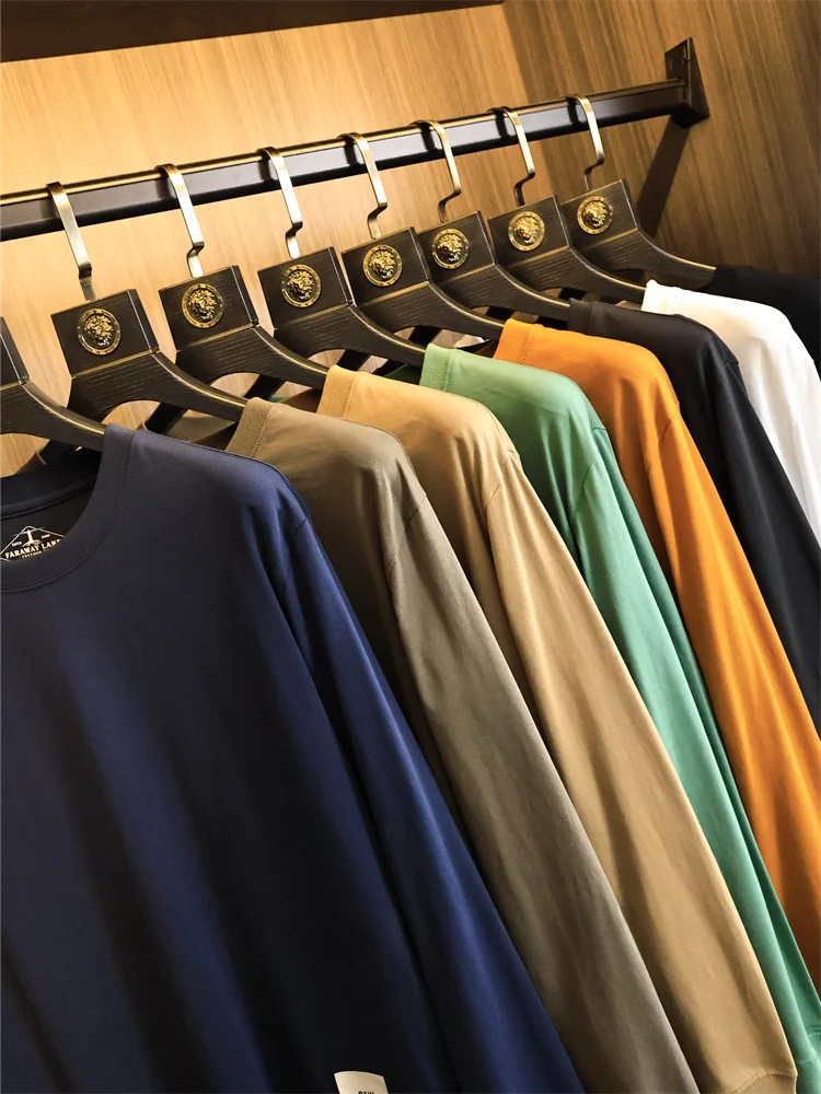 Candy Colored Long Sleeve Pure Cotton T-Shirt Retro Washed round Neck Spring Men's Fashionable Loose Fit for All Ages