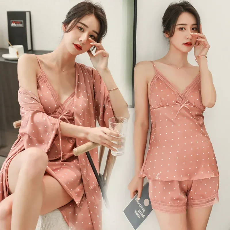 Pink Print Dot Wedding Robe Set Sleepwear Casual Intimate Lingerie Nightgown Nightdress Soft Homewear Home Clothing Kimono Gown