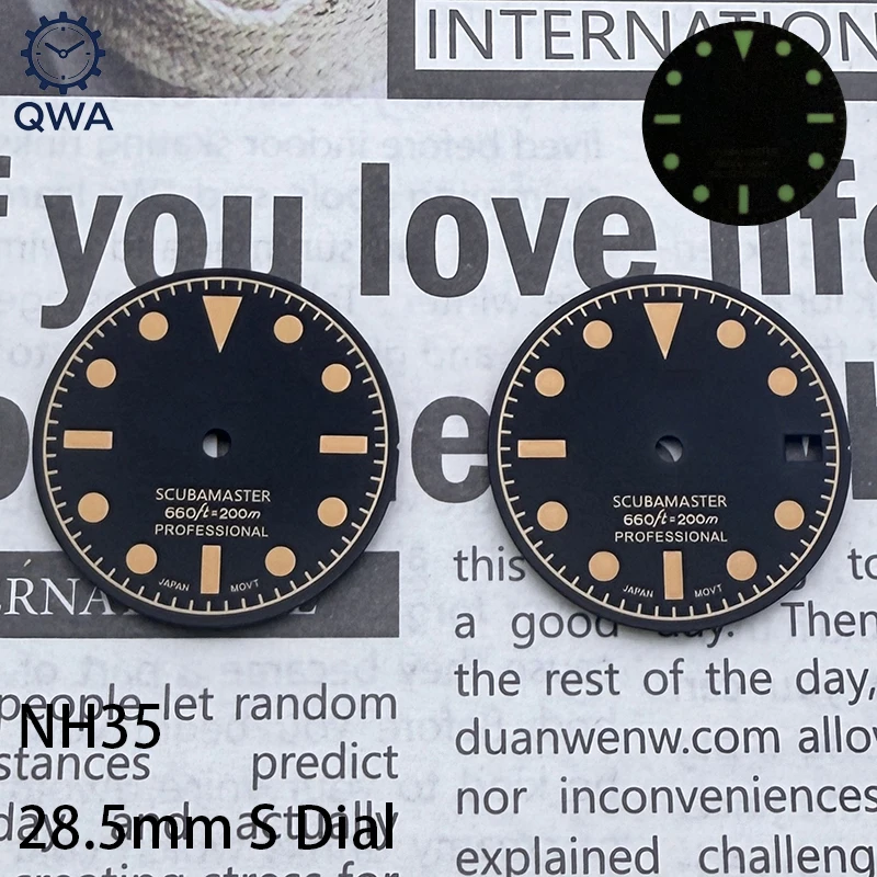 Qwa 28.5mm nh35 clássico retro preto-laranja mostrador verde luminoso ajuste nh35 acessórios de relógio automático