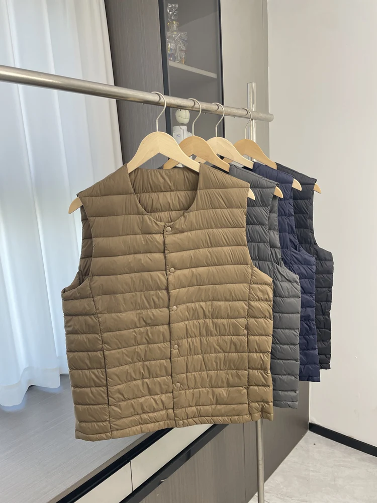 Men's Lightweight High Fluffy Casual Pure Color down Vest Fashionable Urban Style Thickened V-neck Daily Wear White Duck down
