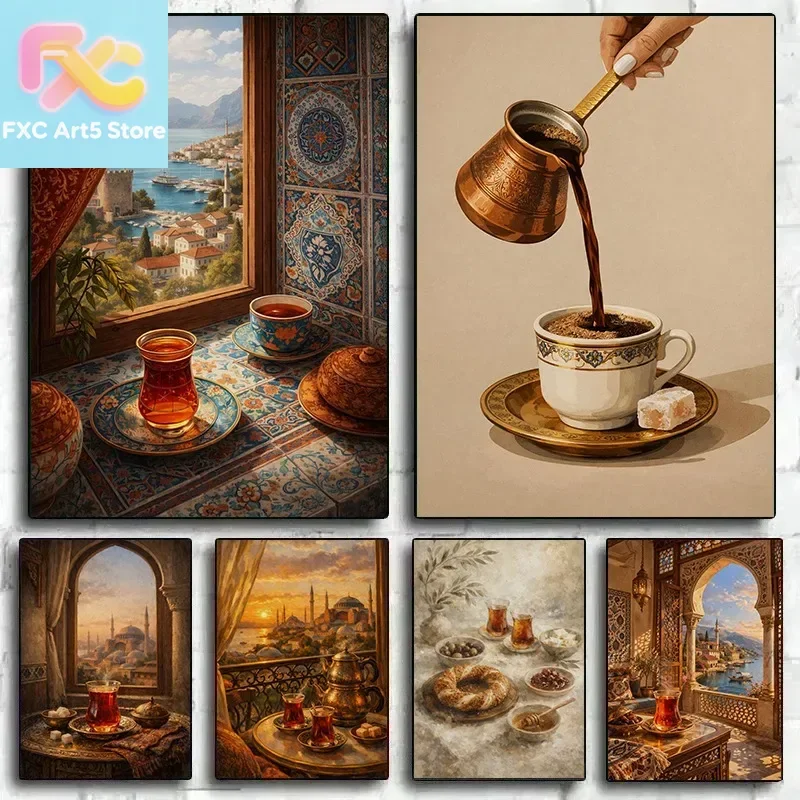 1pc frameless Vintage Oriental Tea Turkish Food Middle Eastern Turkey Architecture Illustration Canvas Poster Wall Art Pictures