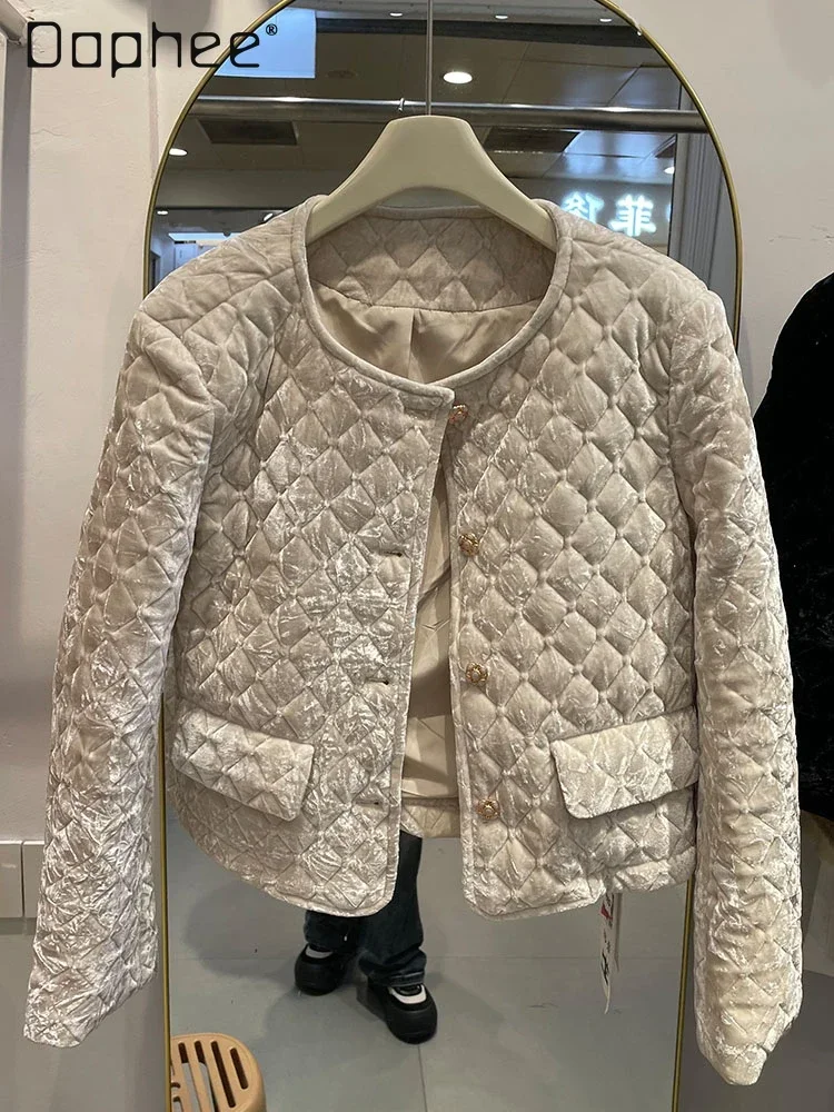 

Rhombus Velvet Parkas 2024 Winter Fashion Casual Short Jacket Round Collar Single-breasted Coat Female Clothes Outwear