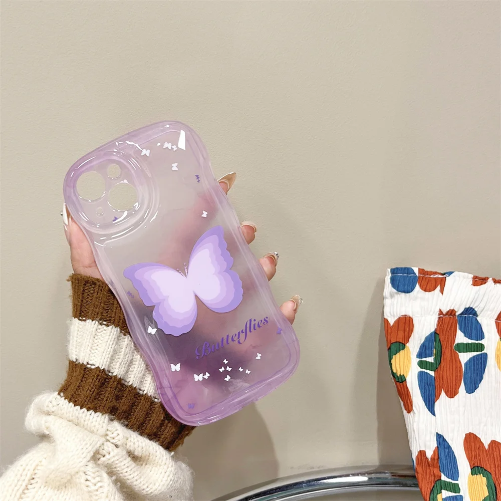 USLION Butterfly Pattern Curly Wavy Border Phone Case For iPhone 14 13 12 11 Pro Max 11promax Clear Soft TPU Shockproof Cover