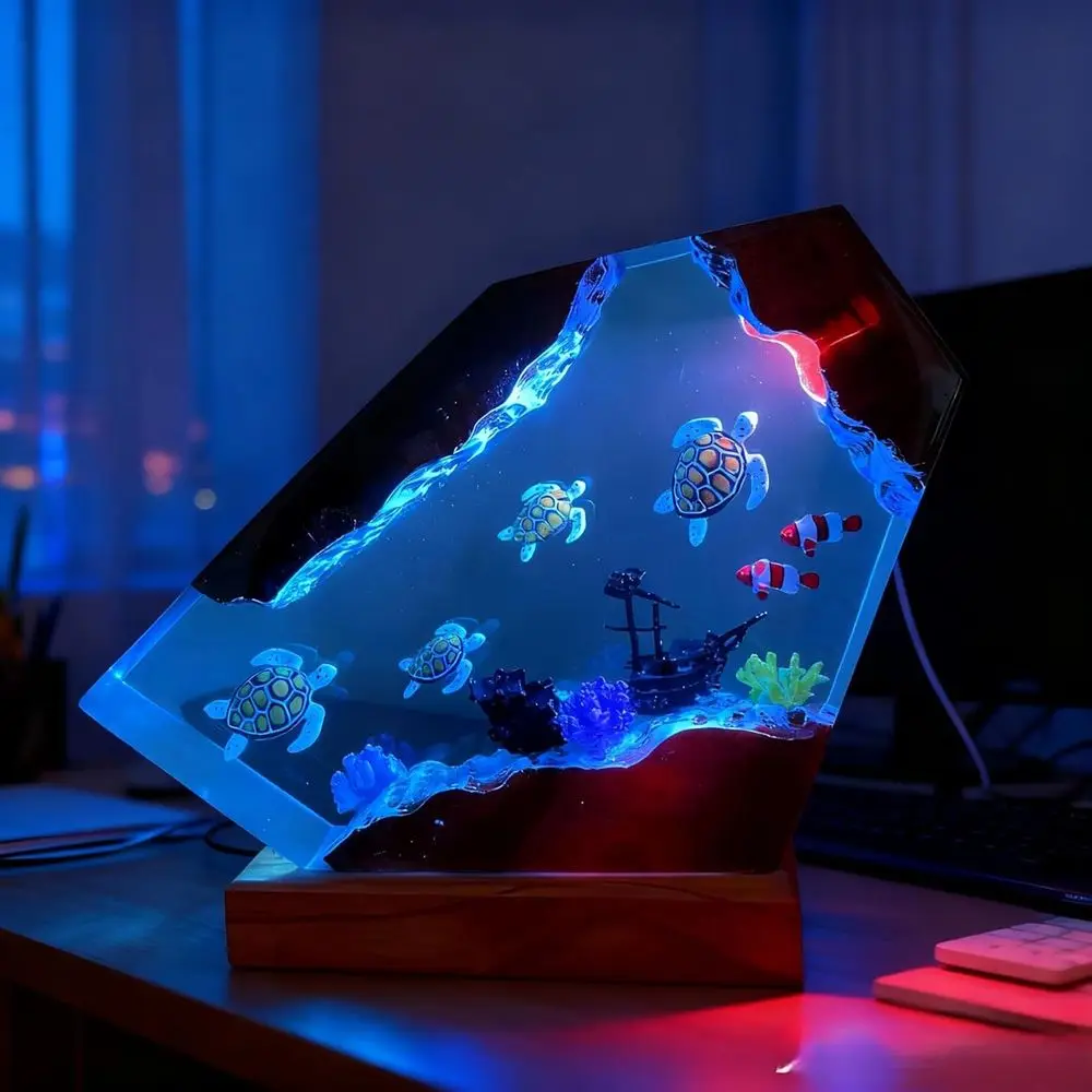 Resin Art LED Night Light: 16-Color USB Whale & Turtle Desk Lamp with Wooden Base, Remote Control, Handcrafted Gift for Holidays