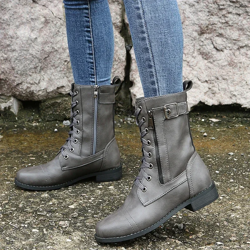 2024 New Plus Size Retro Women Western Boots Punk Lace Up Buckle Motorcycle Boots Zipper Mid Calf Boots Ladies Short Botas