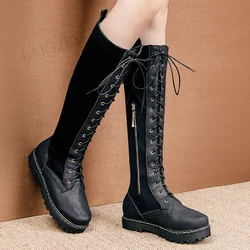 LAIGZEM Women Knee High Faux Leather Patchwork Wide Calf Friendly Flat Heels Boots Side Zip Shoes Woman Big Size 41 43 46 50 52