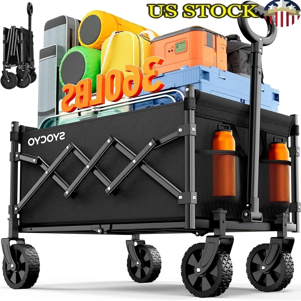 Collapsible Wagon Cart 360lbs Heavy Duty Lightweight Portable Folding Utility Carts Beach Shopping Camping Gardening 4 Wheels