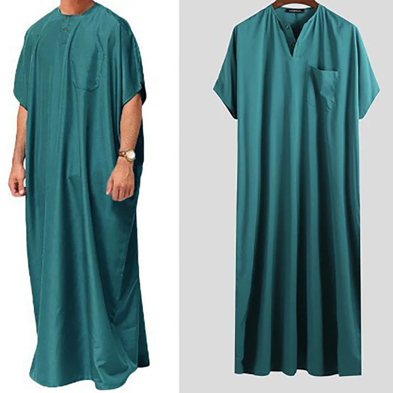 2024 New Men\'s Muslim Middle Eastern Arab Dubai Dress Robe Short Sleeve Luxury Robe Pakistan Moroccan Muslim Men Clothing