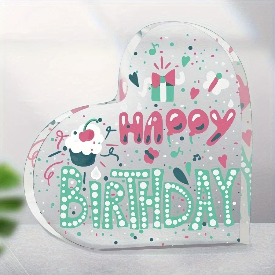 Heart Shaped Acrylic Plaque Happy Birthday Cupcake Pattern Desktop Decor Gift