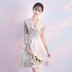 Novelty Lady Embroidery Flower Chinese Lace Dresses Elegant Mandarin Collar Qipao Short Skirt A-Line Wedding Party Gown