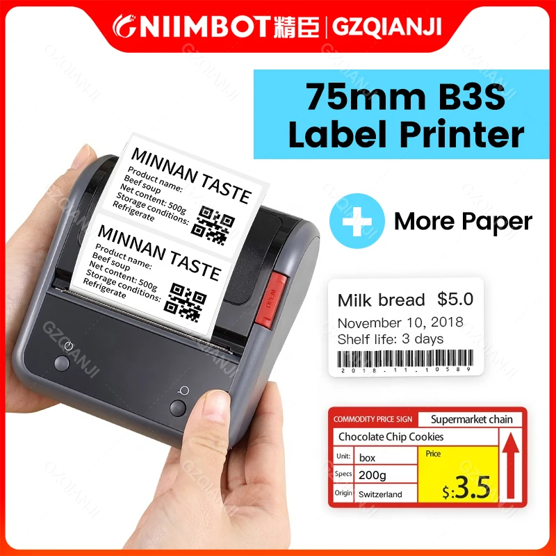 NIIMBOT B3S 3 inch Barcode Label Printer Wireless Thermal Sticker Maker Pocket Label Maker for Clothing Jewelry Commercia Paper