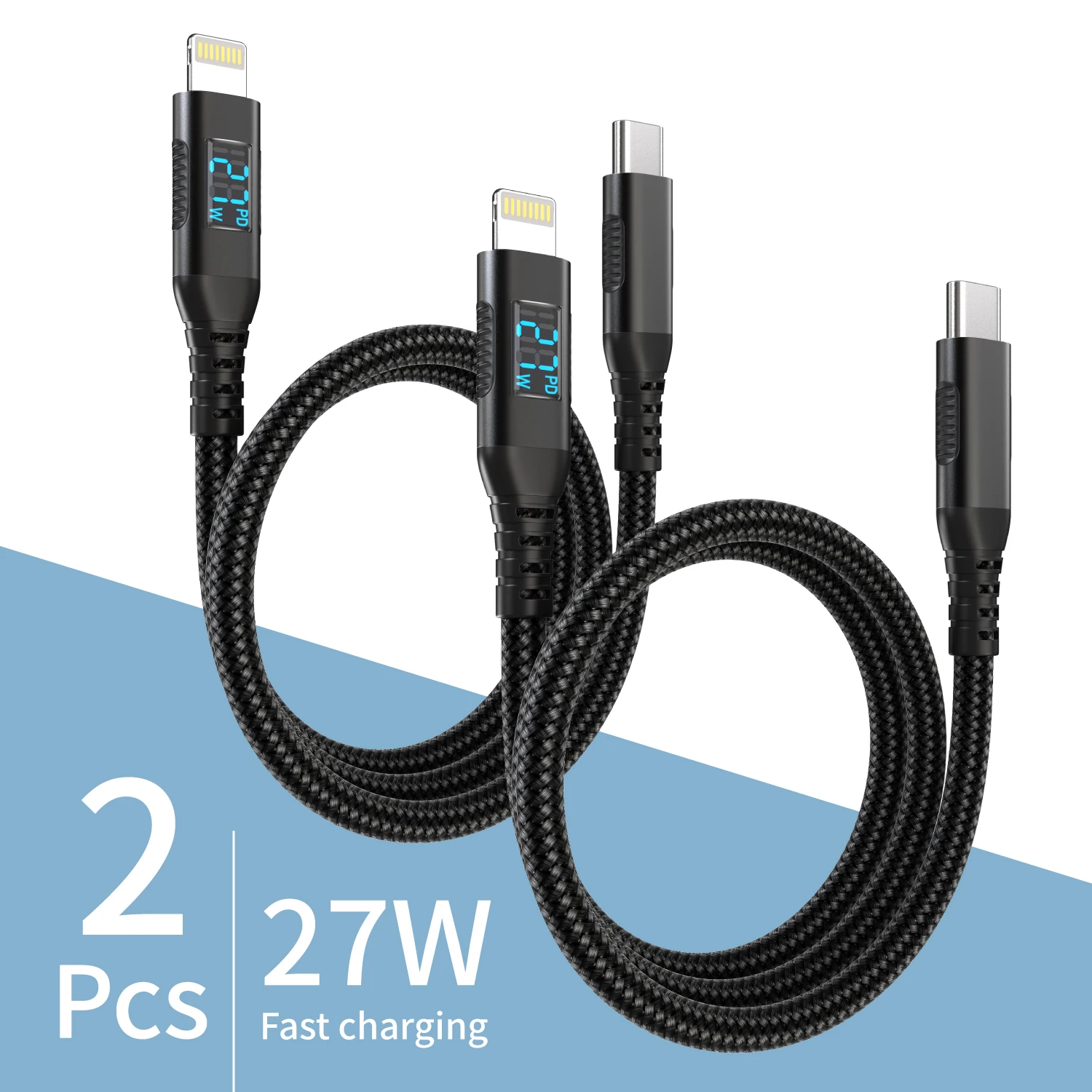 Kabel USB-C do Lightning PD 27W z szybkim ładowaniem i wyświetlaczem LED, linka do transmisji danych dla iPhone'a 14-8 z inteligentnym wyświetlaczem mocy