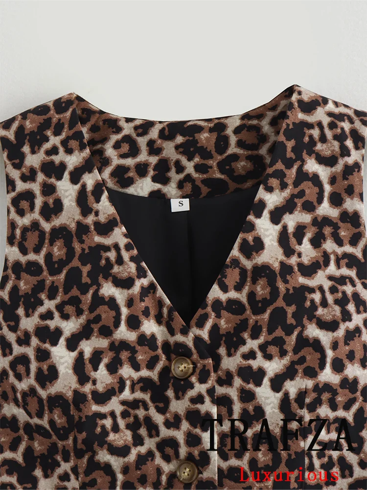 TRAFZA Vintage Casual Sexy Chic donna top Leopard scollo a v monopetto senza maniche gilet corto New Fashion 2024 Summer Tops