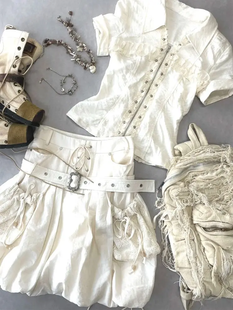 

Harajuku Gyaru, комплект из 2 предметов, уличная рубашка на молнии, с короткими рукавами, мини-юбка Y2k, костюм, винтажный костюм с вырезом поло 2000-х годов, модная одежда в стиле панк