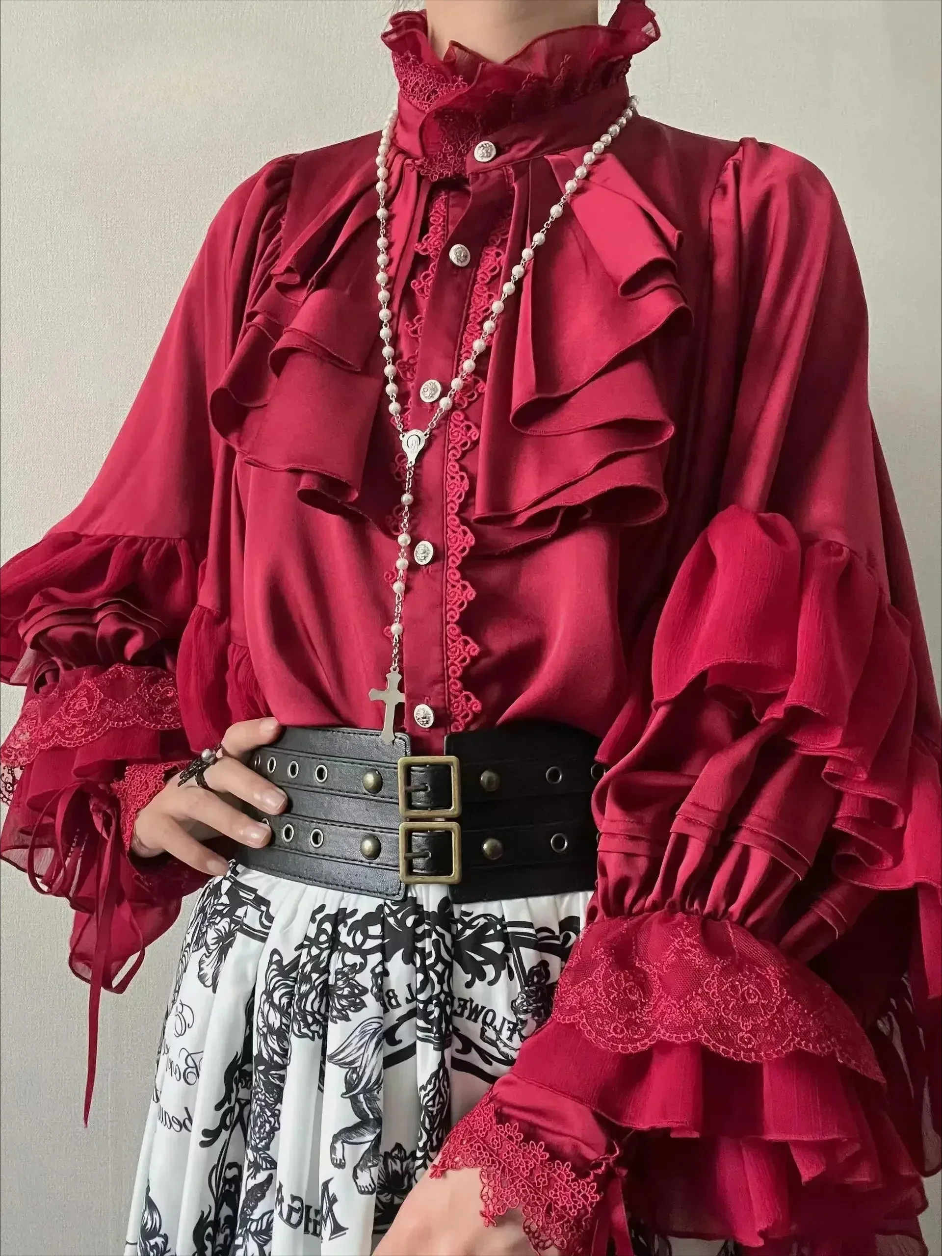 Gothic Style Batwing Sleeve Shirt Women Lolita Loose Spring Autumn Ladies Elegant Red and Black Top Blouse Solid Color Blouse