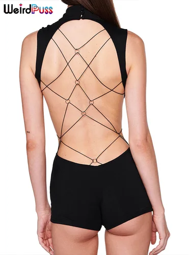 Strano gato espalda descubierta vendaje cruzado mameluco mujeres verano Hipster sin mangas Simple sólido mono actividad Stretch Street monos