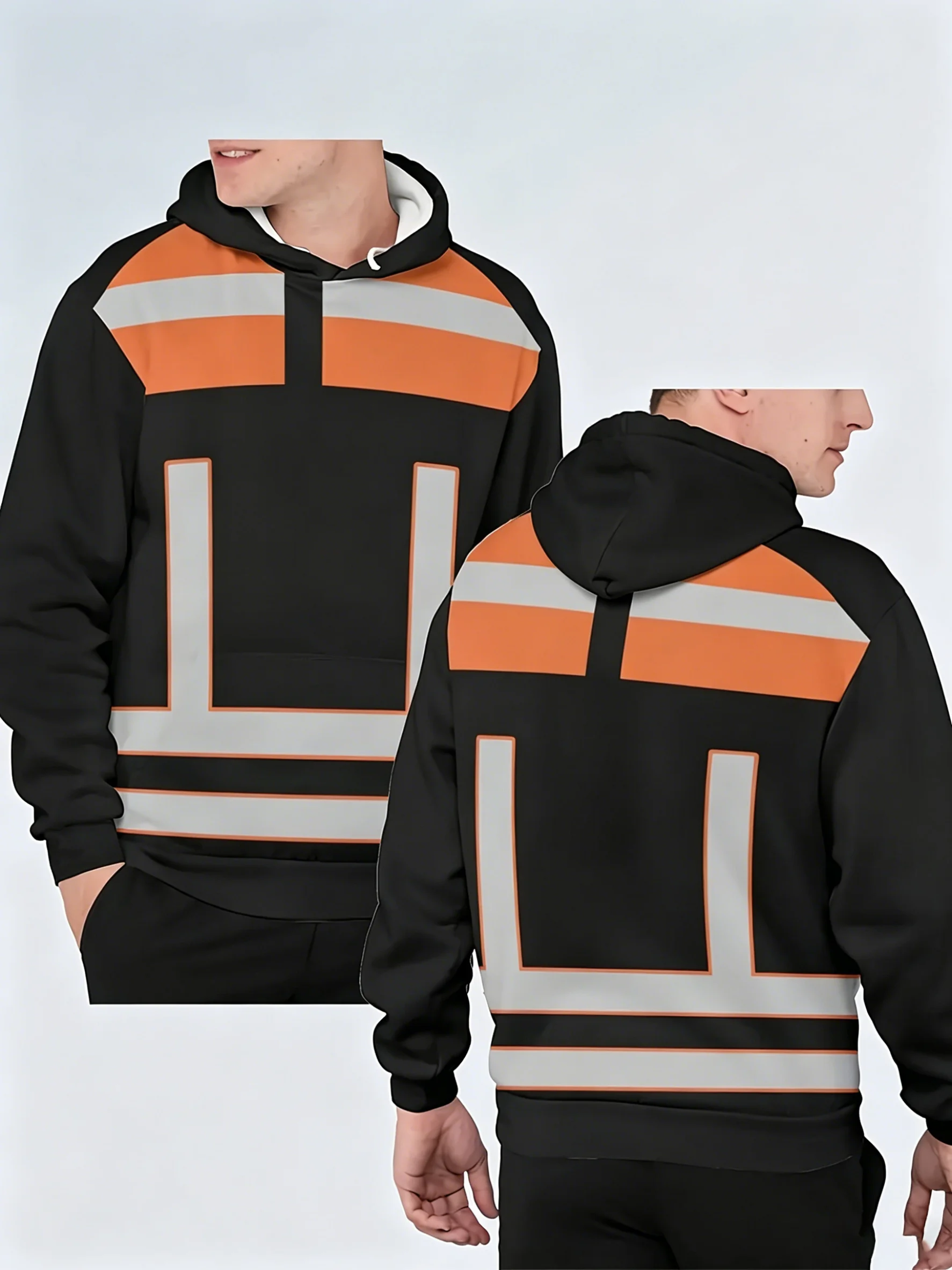 Men's fashionable hoodie with fluorescent green and orange red splicing design, suitable for wearing on construction sites