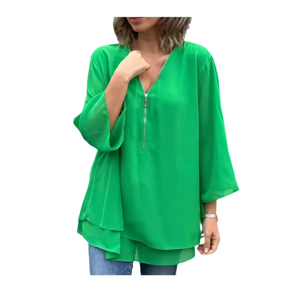 Natural Feel Blouse Elegant Women\'s Chiffon Shirts with V-neck Zipper Detailing 3/4 Sleeve Pullover Tops Double Layer Hem for A