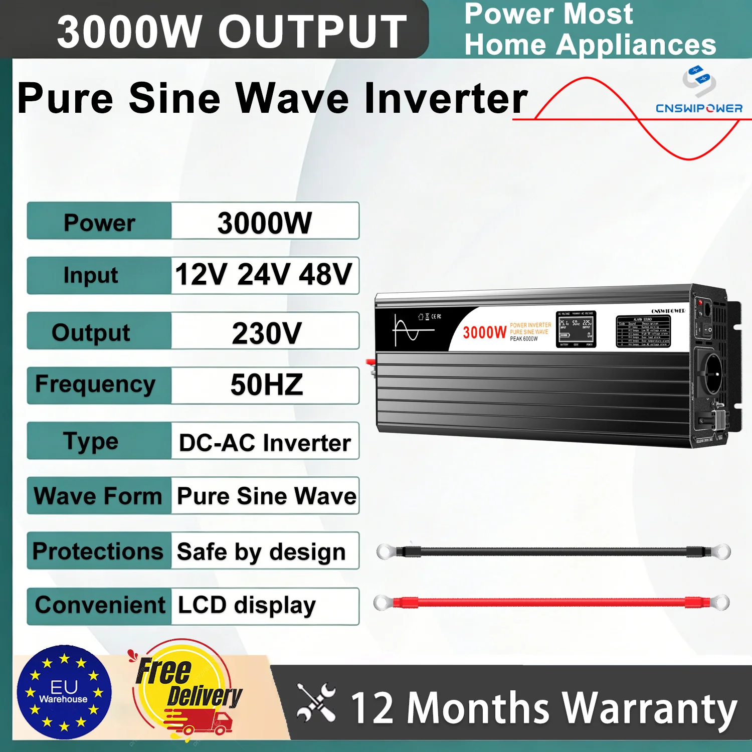CNSWIPOWER 3000W Reiner Sinus-Wechselrichter DC 12V/24V/48V zu AC 230V Tragbarer Stromwechselrichter für Zuhause, Wohnmobil, Camping und Notfälle