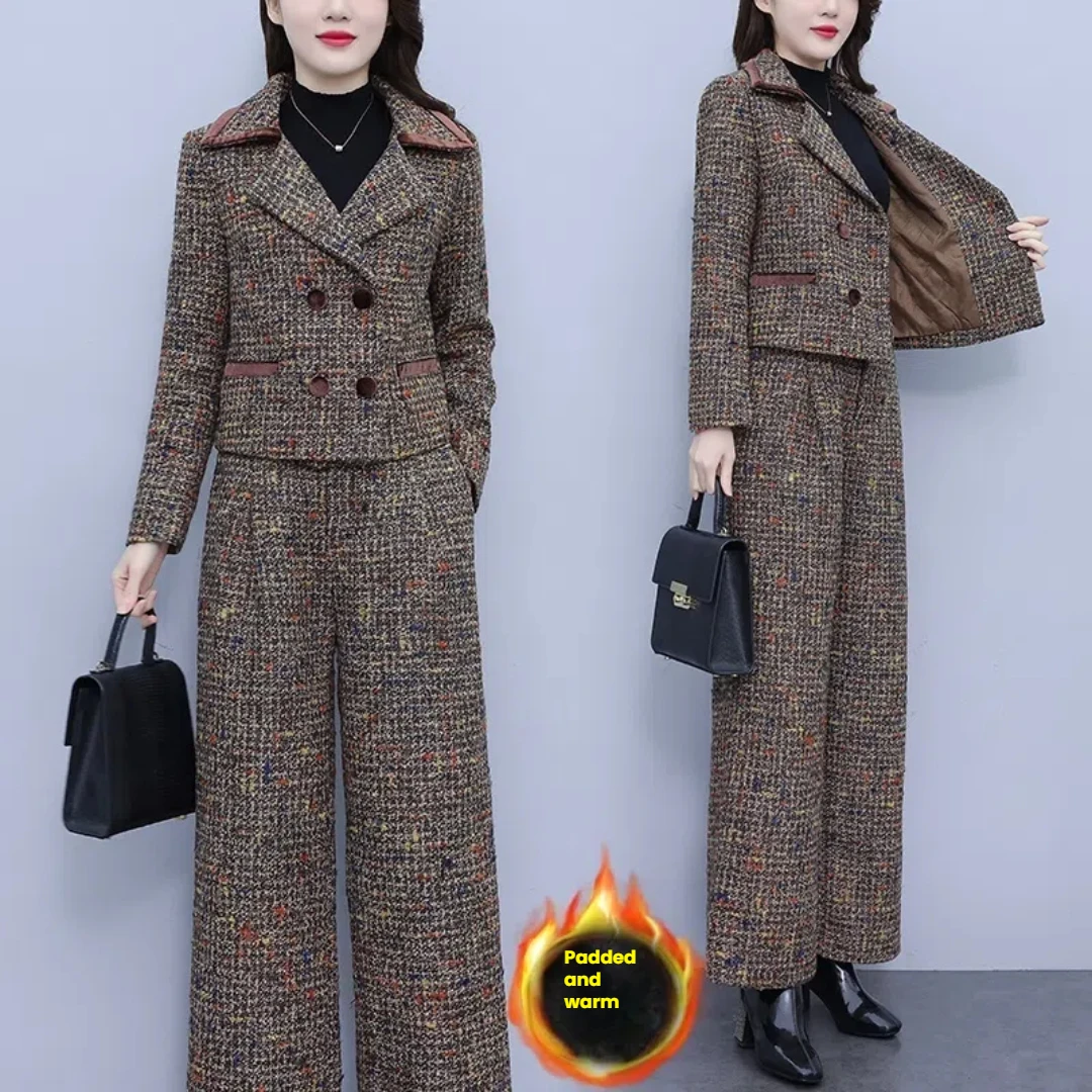 

Women's 2 Piece Tweed Plaid Suit Set Women's Clashing Lapel Double Breasted Short Wide Leg Pants Two Piece Set