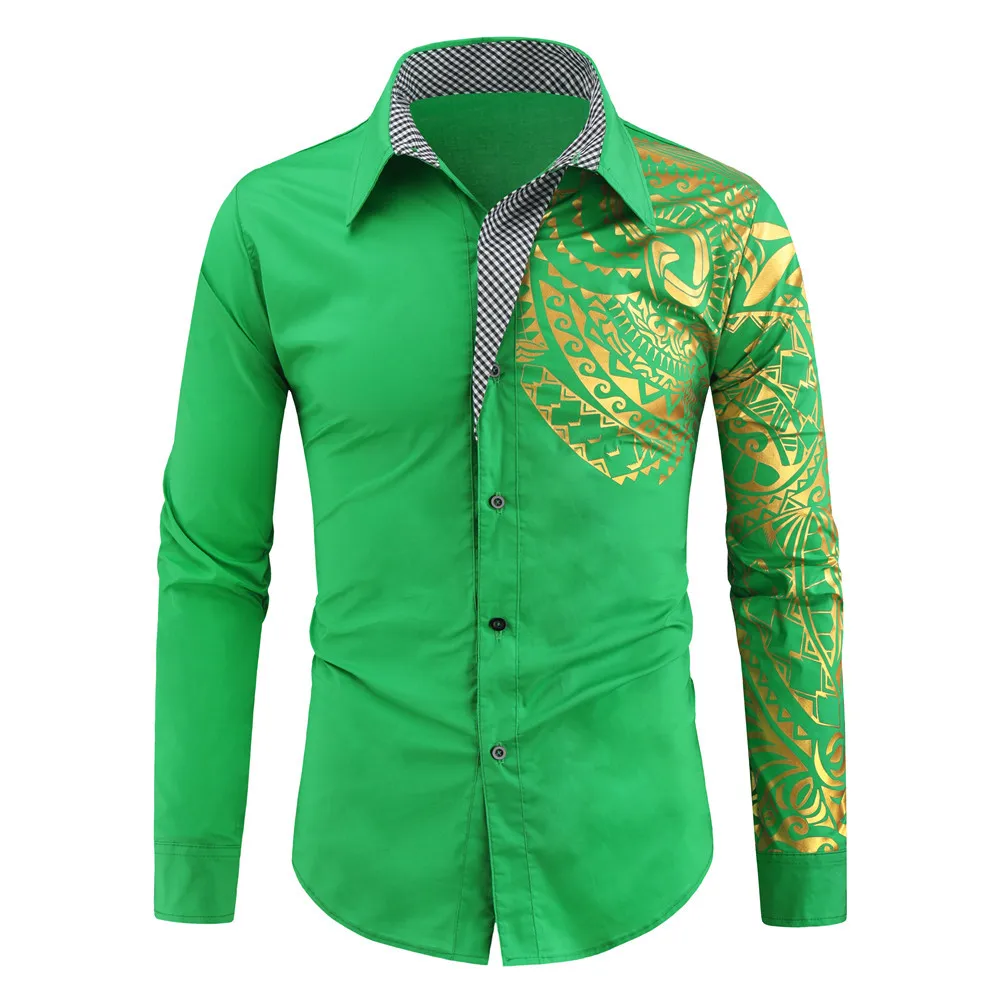 Camisa ajustada con estampado dorado para hombre, camisa informal de manga larga, moda coreana, ropa para hombre