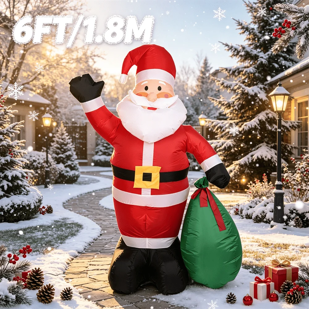 6FT/1.8M Inflatable Toy Waving Santa Claus with Green Gift Sack with LED Light Blow Up Outdoor Christmas Yard Decor