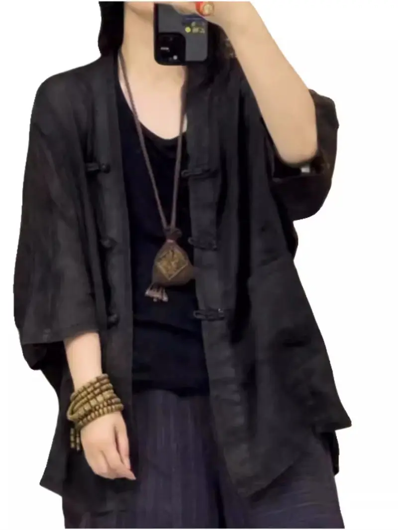 Chinese Style Clothes 2026 Summer New Button Up Cardigan Jacket Retro Women\'s Medium Sleeve Shirt Loose Zen Oversized Tops k1245