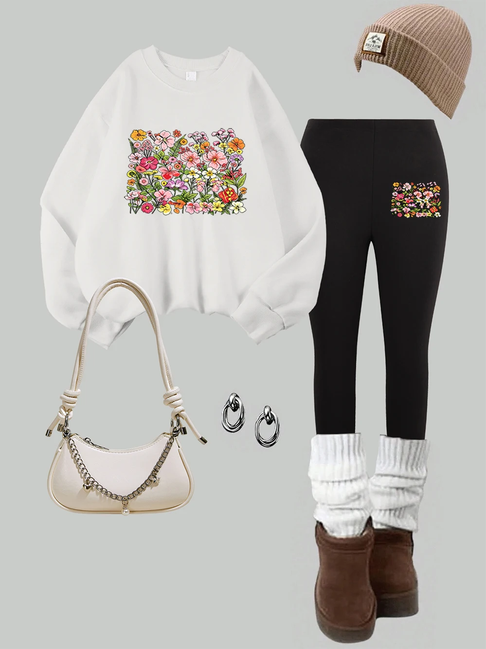 2Pcs Leggings Sweatshirt Set Womens Boho Wildflower Bright Garden Printed Hoodie Autumn Pocket Loose Tops Casual Slim Trousers