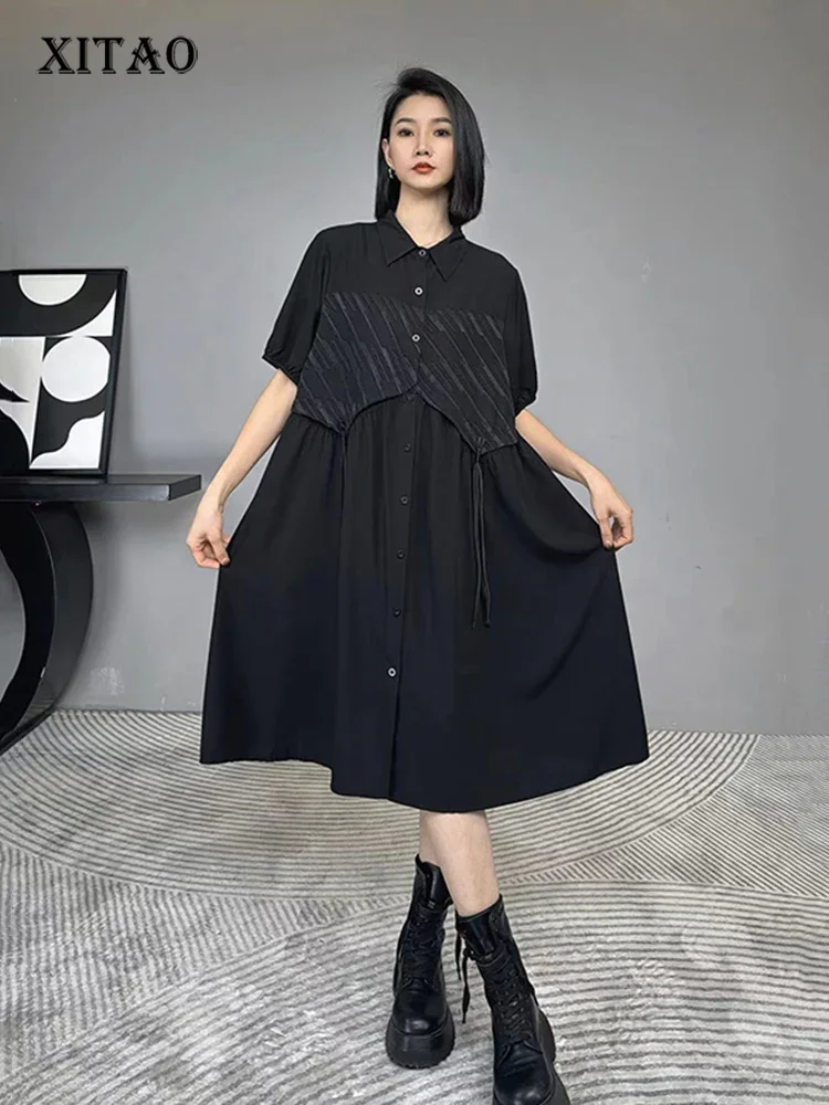 

XITAO False Two Pieces Shirt Dress Chinese-style Tassel Splicing Decorate Women Solid Color Loose Single Breasted WLD20171