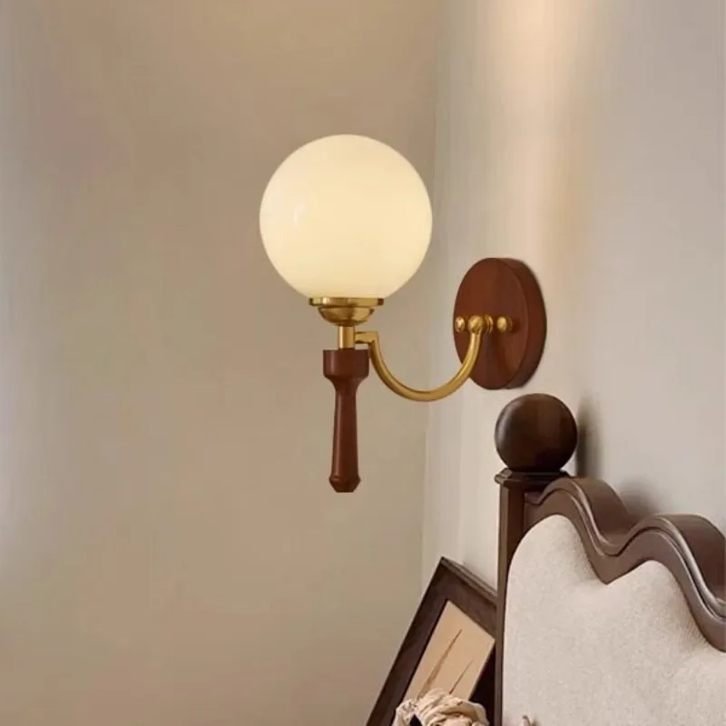 

American Style Vintage Solid Wood Wall Lamps Bedroom Bedside Living Room Study Hallway Staircase Entryway Glass Ball Wall Lights