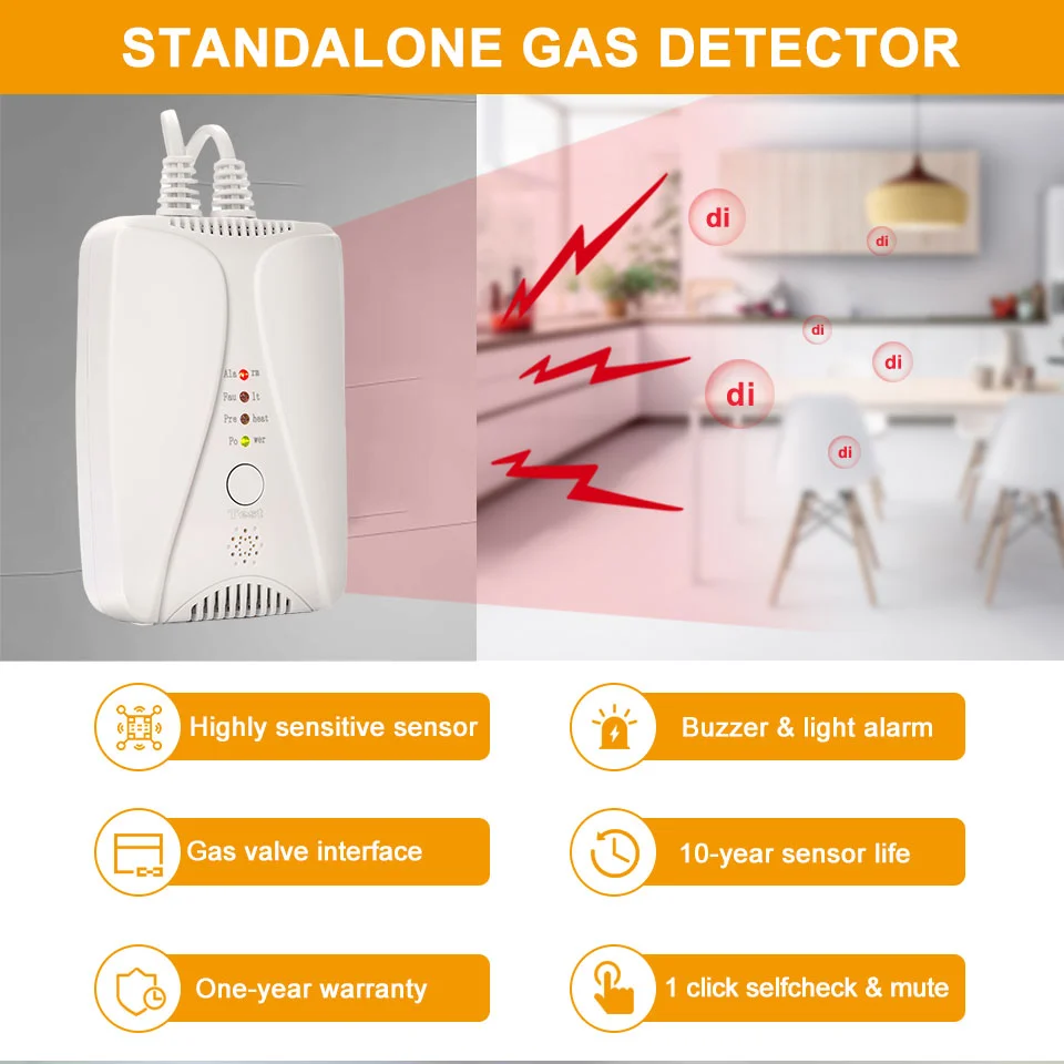 Detector de Gas HD2000 con válvula, Detector de Gas GLP, Detector de fugas de Gas Natural para el hogar, cocina, botella de Gas propano, metano CH4