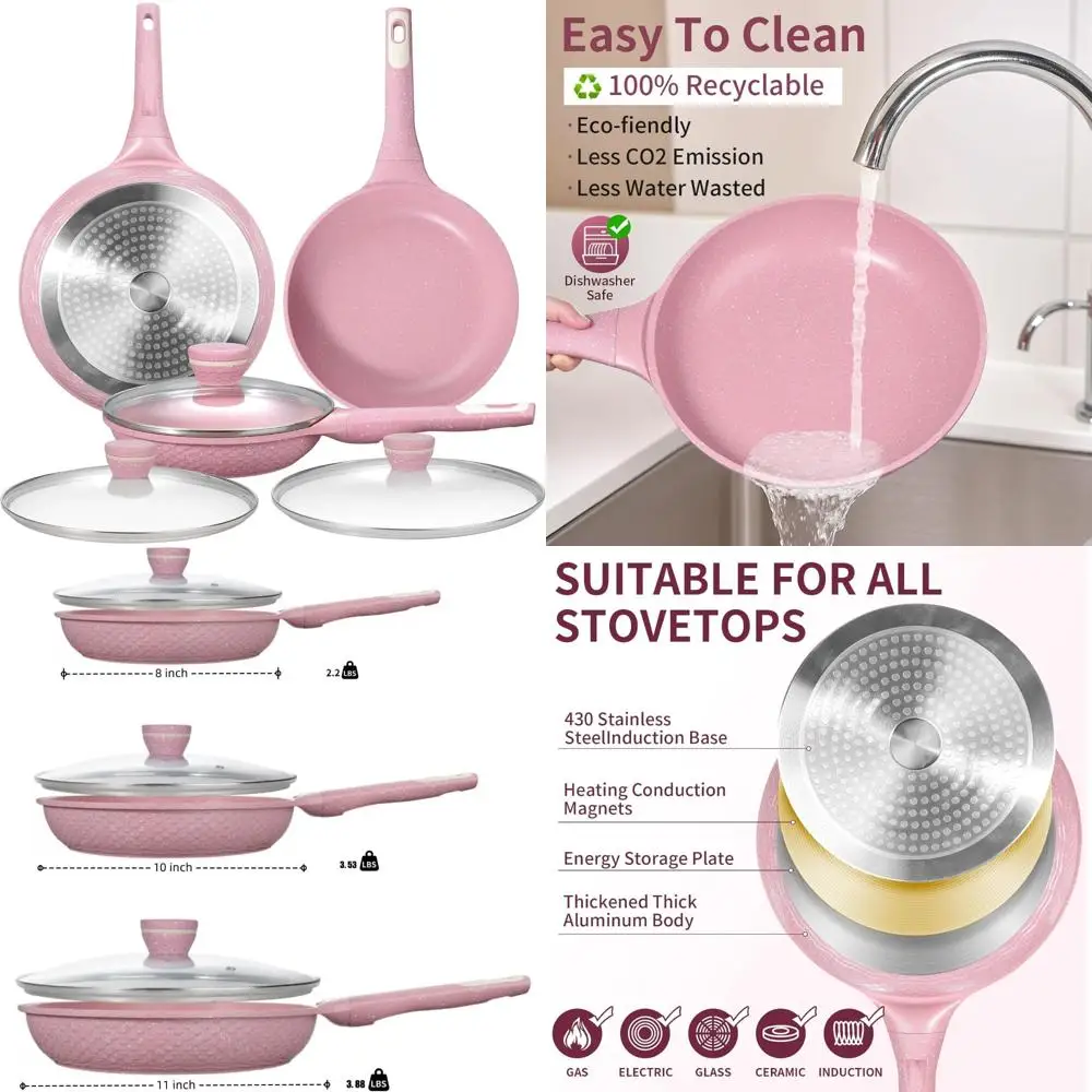 

Advanced Nonstick 6-Piece Frying Pan Set with Lids - 8, 10, 11 Inch Sizes, Omelette & Egg Pan, 100% PFOA/PFAS Free, Non-Toxic Co