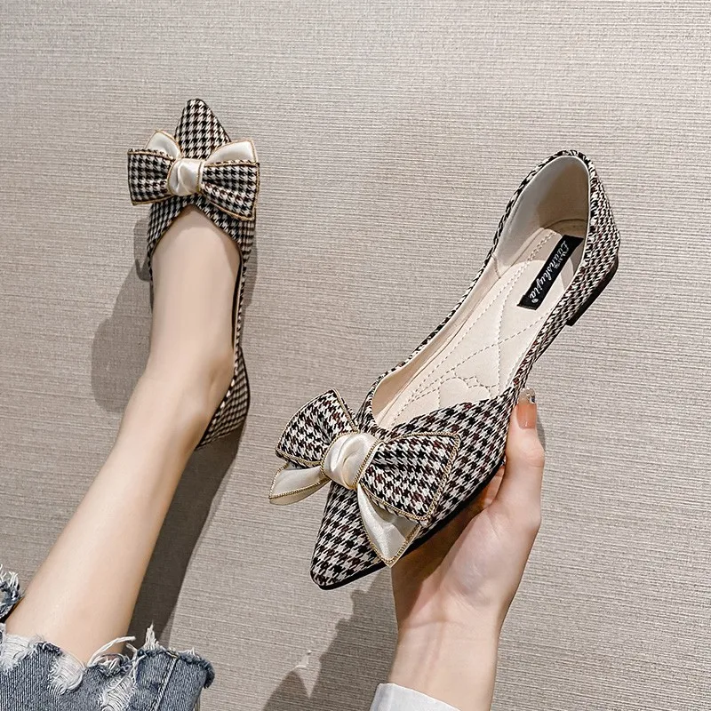 Women Flats Plaid Bowknot Pointed Toe Small Size 31 32 33 34 Spring Summer Casual Shoes Comfort Elegant All Match Flat Shoes