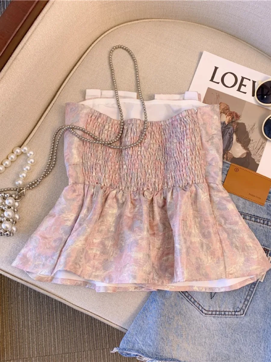 Foamlina Frans ontwerp geplooid olieverfschilderij print bandeau top dames zomer 2025, nieuwe cinched taille uniek heet meisje vest camis