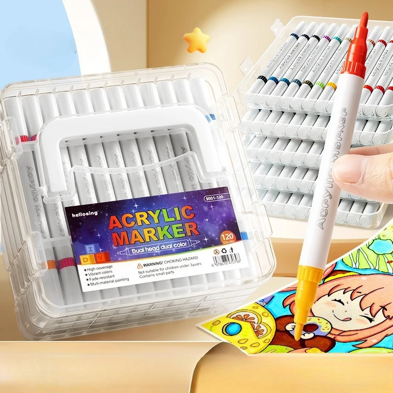 New Acrylic Washable Double-headed Marker Pen for Primary School Students To Draw with Impermeable Colors and Stackable Colors