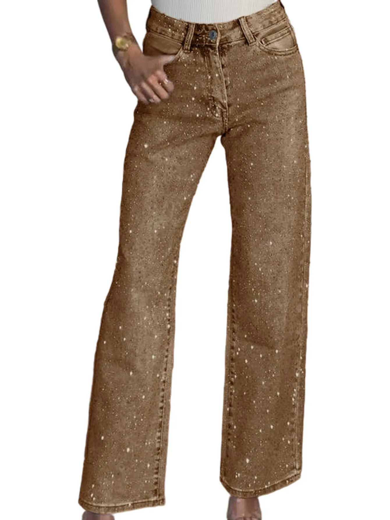 D8751 Export Women's Fashion European and American Style Full Diamond Washed Denim Pants High-Waisted Straight Leg Pants for Gir