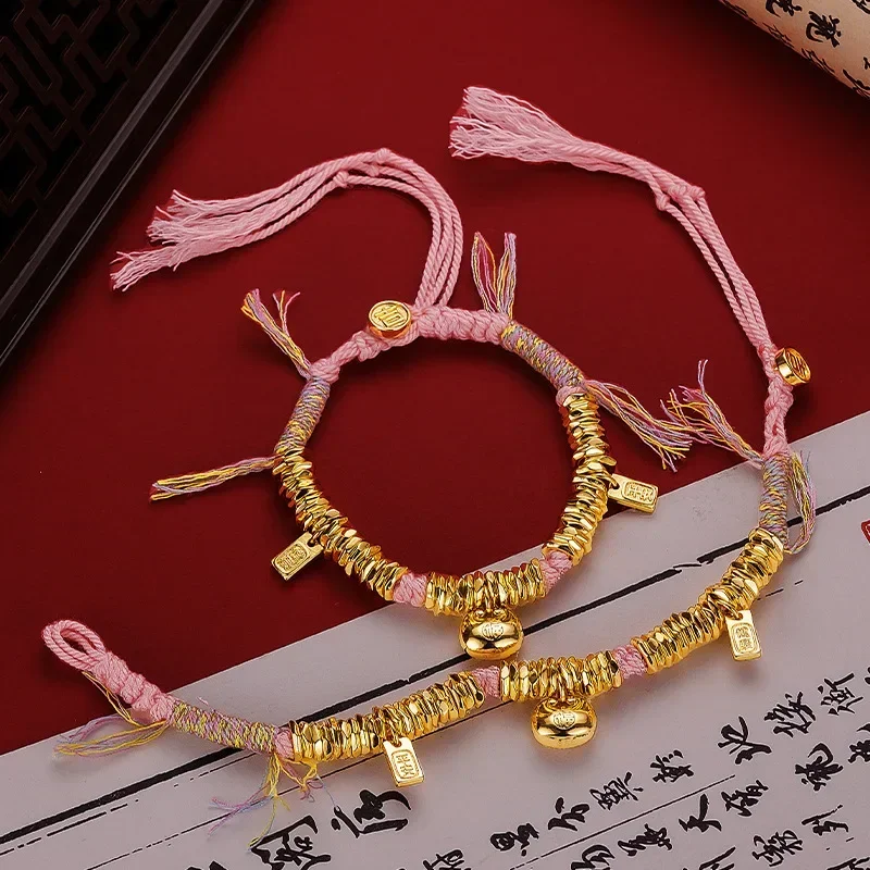 

9999 Real Gold 24K Yellow Gold Bracelet Necklace New Glossy Color Rope Tibetan Bracelet, Healthy and Safe Coiled Bracelet