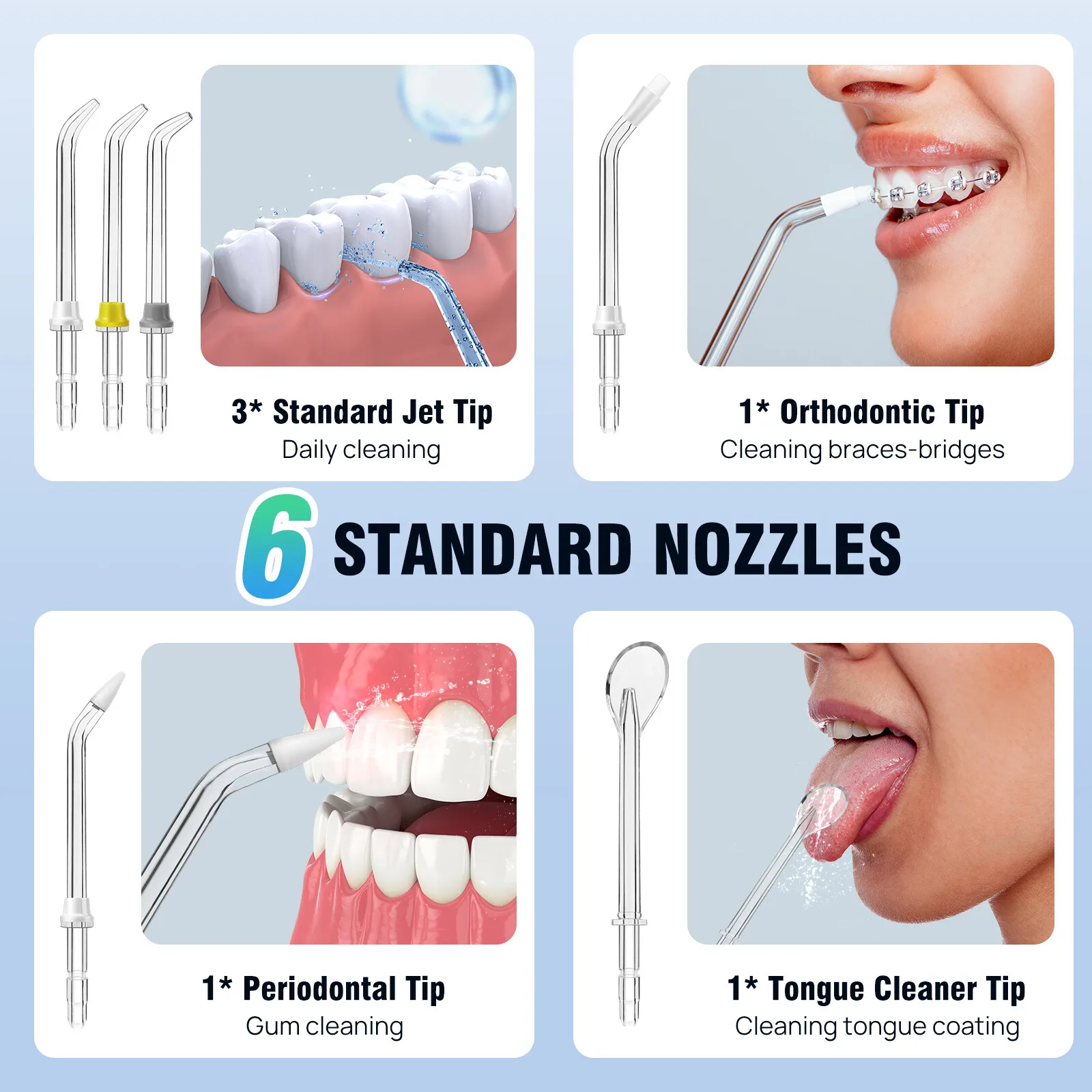 الأسنان عن طريق الفم الري جهاز تنظيف الأسنان بالماء موضوع الأسنان اختيار الفم غسالة 6 فوهات 3 طرق 320 مللي خزان IPX6 مقاوم للماء