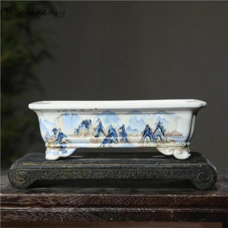 6 Size Chinese Rectangular Hand-Painted Succulent Flower Pot Ceramic Bonsai Pot Household Desktop Decorative Flower Pot LE374