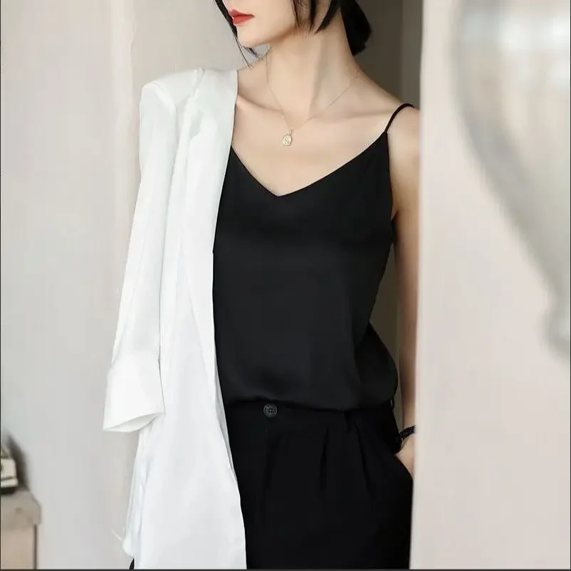 Fashion Silk-Like Satin Tops Silky Camisole Women's Inner with White Bottoming Satin Top Summer V-neck Thin Section Halter Top